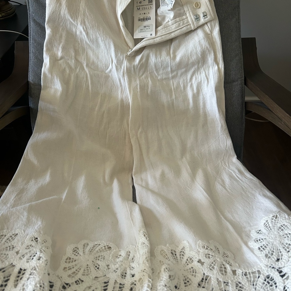 Zara White Lace Trim Pants